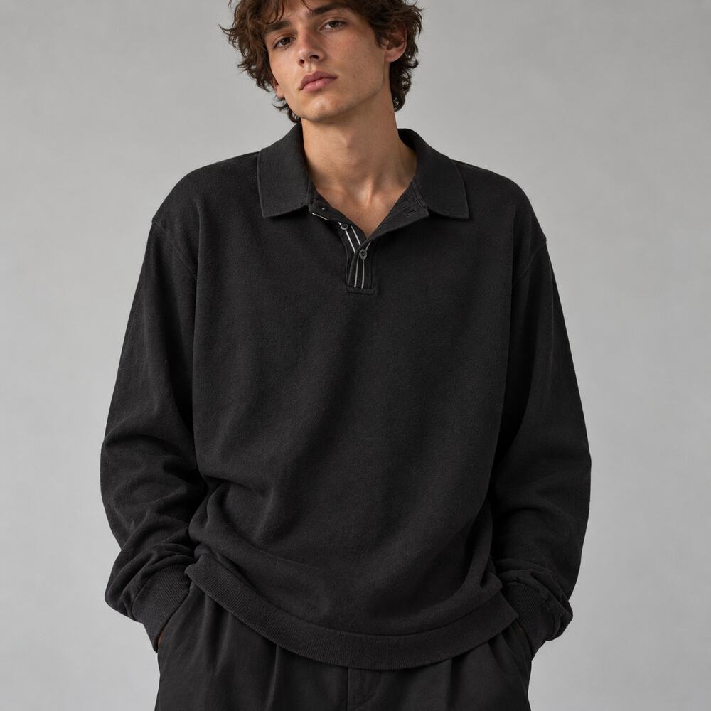 Lululemon Polo Men's Black Knit Long Sleeve Relaxed Collared Logo